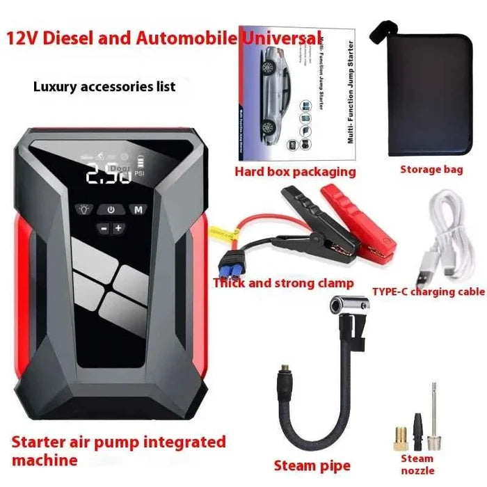 Mead's Supply 3-in-1 car jump starter, power bank, and air compressor, portable camping equipment for vehicle emergencies.