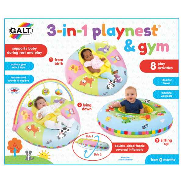 Packaging for a colorful circular inflatable baby gym showing three infants using it for resting, play, and sitting.
