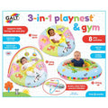 Packaging for a colorful circular inflatable baby gym showing three infants using it for resting, play, and sitting.