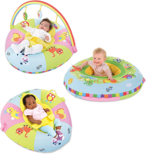Colorful inflatable circular baby gym with cartoon animals and a rainbow toy arch, shown with three infants.