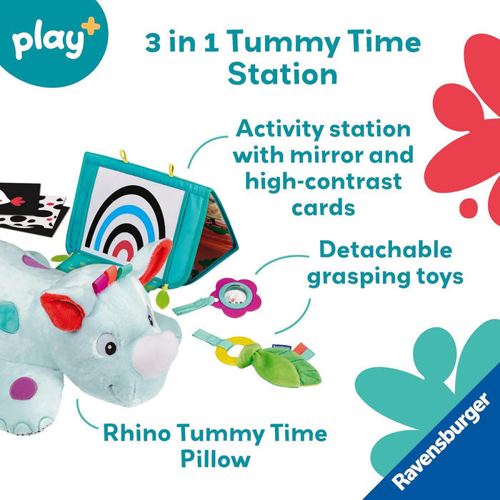 Light blue plush rhino pillow with a turquoise activity mirror, high-contrast cards, and detachable hanging toys.