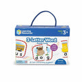 Blue box with handle for word puzzles featuring illustrations of a dog and bus split into three lettered pieces.