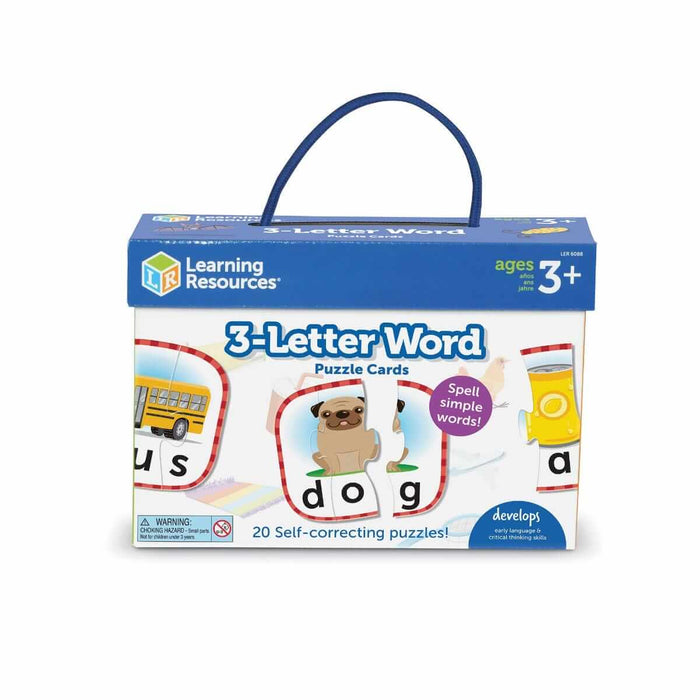 Blue box with handle for word puzzles featuring illustrations of a dog and bus split into three lettered pieces.