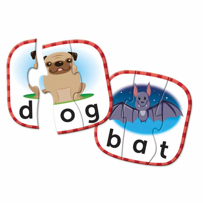 Interlocking puzzle cards with cartoon dog and bat illustrations, red checkered borders, and bold black letters.