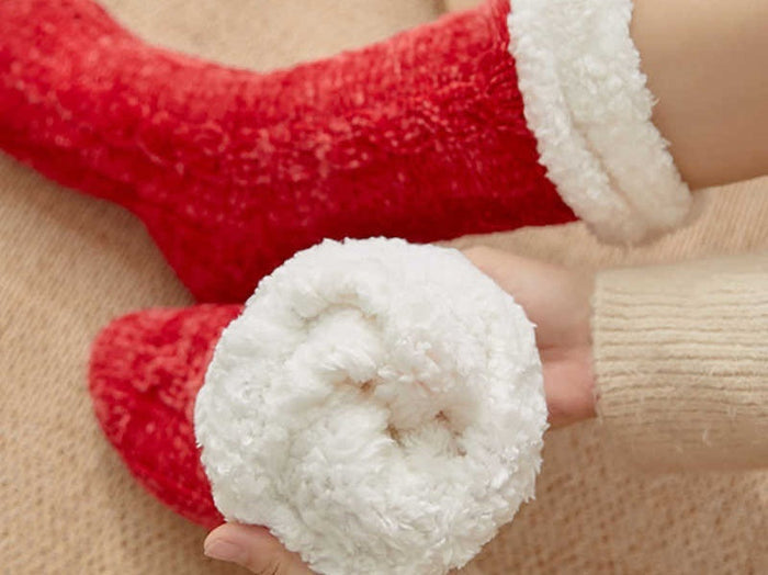 Three pairs of dealonlinenz fuzzy cozy thermal fleece-lined socks in various colors, showing soft, plush fabric and comfortable fit.