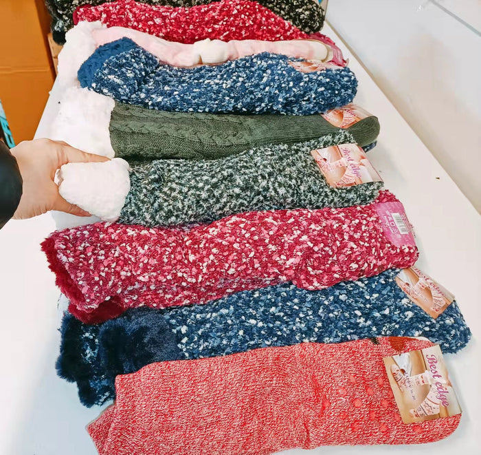 Three pairs of dealonlinenz thermal fleece-lined fuzzy cozy socks in various colors, soft and warm for winter comfort.
