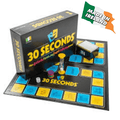 Black game box and board with yellow and blue squares, a yellow sand timer, game tokens, and a Made in Ireland logo.