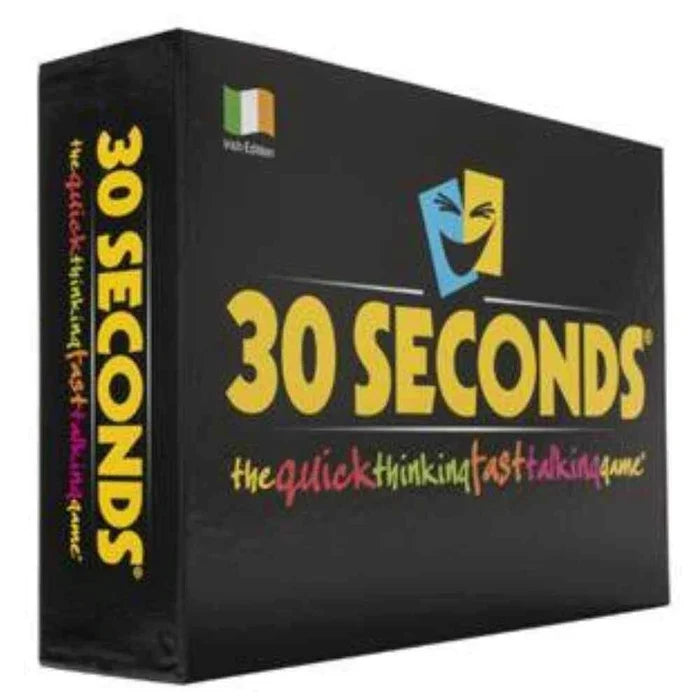 Black rectangular box with 30 SECONDS in yellow text, drama masks logo, and multicolored slogan in cursive script.