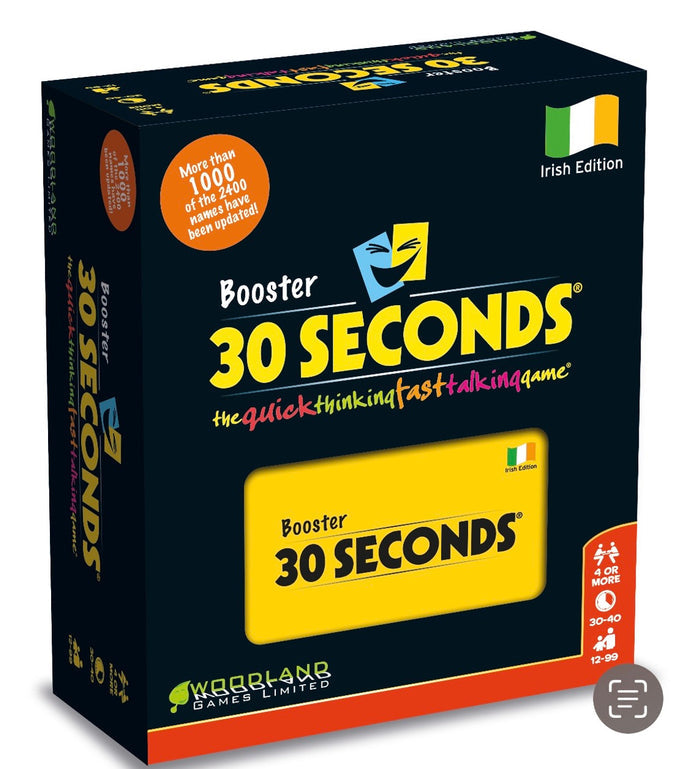 Black game box with bold yellow 30 Seconds logo, Irish flag icon, orange update circle, and icons for players and age.