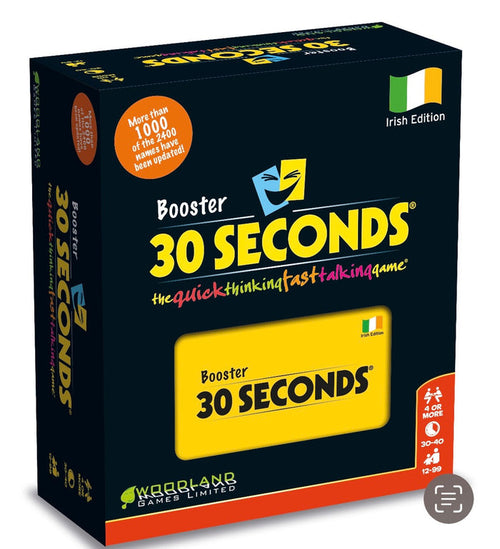 Black game box with bold yellow 30 Seconds logo, Irish flag icon, orange update circle, and icons for players and age.