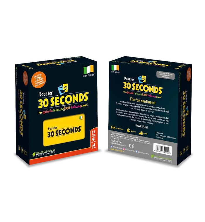 Front and back of navy 30 Seconds Booster Irish Edition boxes with bold yellow text and a smiling theatrical mask logo.