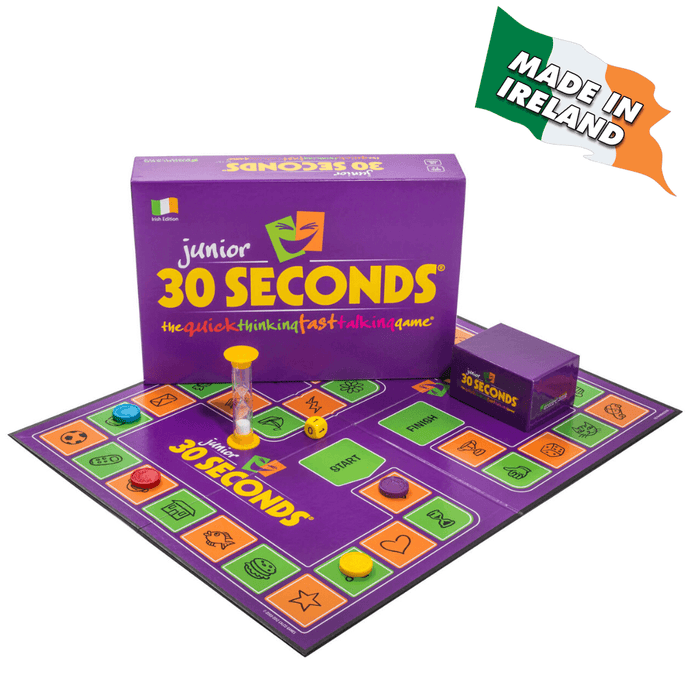 Purple box and game board for 30 Seconds Junior with colorful tokens, yellow sand timer, and Made in Ireland logo.