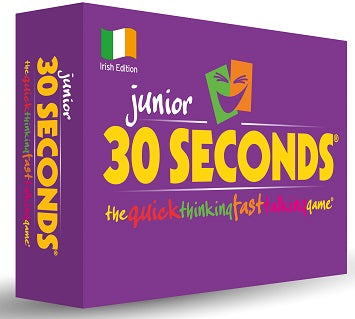 Purple board game box with bold yellow 30 SECONDS text, comedy mask illustration, and an Irish flag icon.