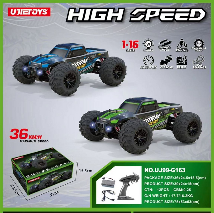 Dealonlinenz 1:16 scale high-speed 4WD RC off-road truck with large tires and rugged design, suitable for all terrains.