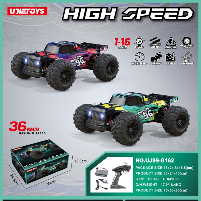 Dealonlinenz 1:16 all-terrain 4WD electric RC truck with high-speed off-road capability in vibrant colors, ideal as a gift
