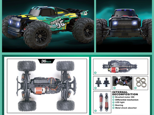 Red all-terrain 4WD RC truck by dealonline.co.nz, 1:16 scale, high-speed electric off-road toy for kids and enthusiasts.