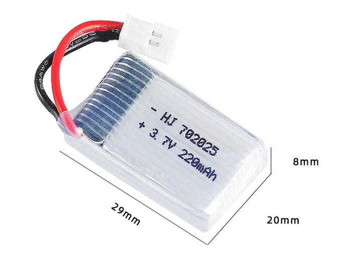 White 3.7V 220mAh Li-Po rechargeable drone battery from dealonline.co.nz, shown with connectors and compact design.