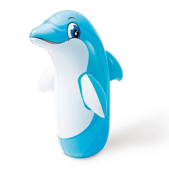 Inflatable light blue and white dolphin bop bag with a friendly cartoon face on a white background.