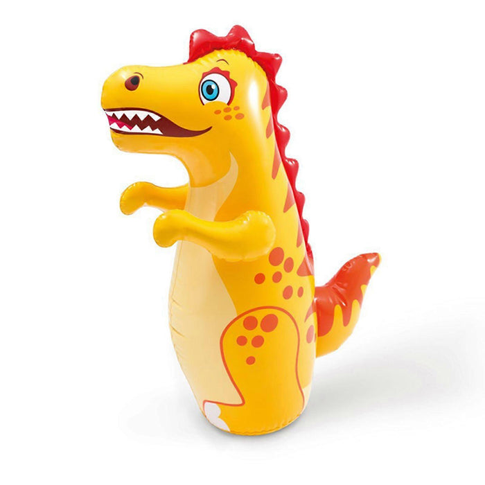 Yellow inflatable dinosaur with red spikes and orange spots standing upright on a white background.
