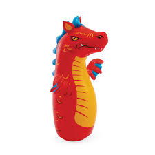 Inflatable red dragon bop bag featuring a yellow ribbed belly and blue spines.