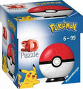 Blue Ravensburger box featuring a 3D red and white spherical Pokeball puzzle with yellow Pikachu illustrations.