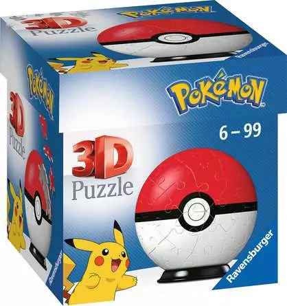 Blue Ravensburger box featuring a 3D red and white spherical Pokeball puzzle with yellow Pikachu illustrations.