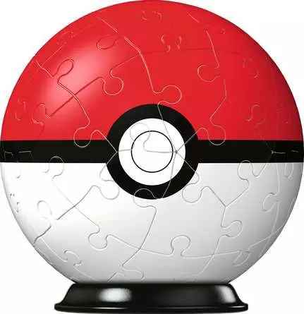 Red and white spherical 3D puzzle with visible interlocking piece outlines, resting on a small black stand.