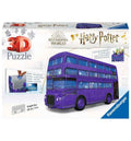 Box for a purple triple-decker bus 3D puzzle with Harry Potter branding, assembly info, and storage demonstration.