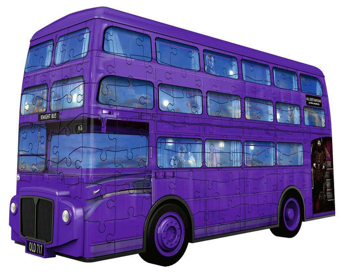 Purple triple-decker Knight Bus 3D puzzle with jigsaw seams and windows featuring Harry Potter character scenes.