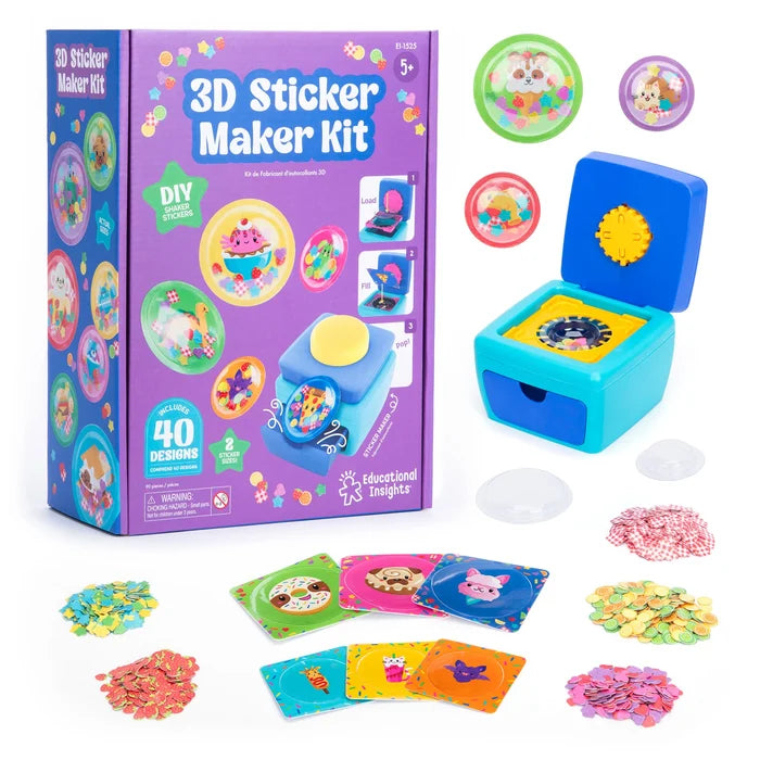 Purple box next to a blue toy sticker maker, with vibrant animal stickers and piles of colorful shaker confetti.