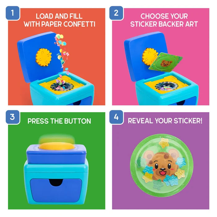 Infographic shows four steps to make a 3D bear sticker using a blue toy machine, confetti, and a large yellow button.