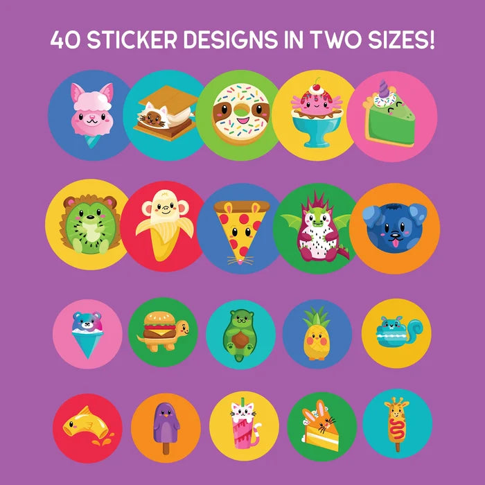 20 cute animal-food mashup stickers like a sloth donut and monkey banana in colorful circles on purple background.