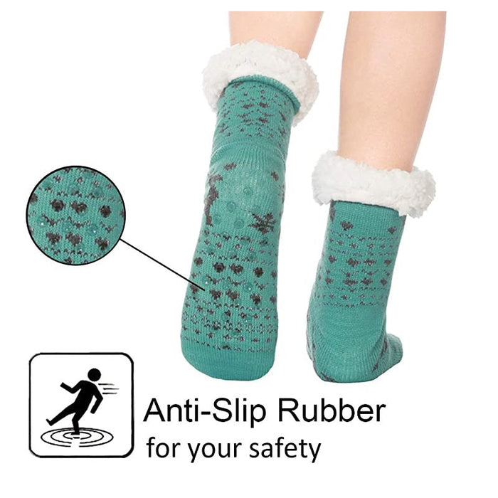 Four pairs of fuzzy women's winter slippers with grippers, soft and warm socks in cozy, colorful designs.