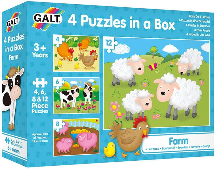 Blue Galt Farm puzzle box featuring cartoon sheep, cows, and pigs. Shows puzzle piece counts 4, 6, 8, and 12.