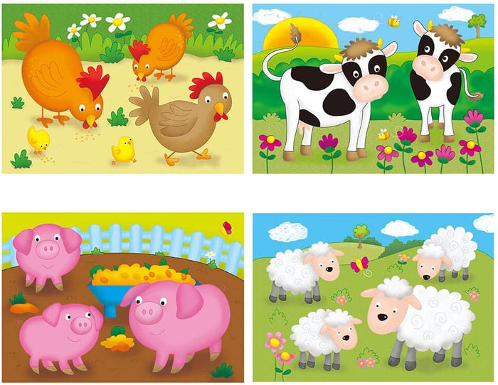 Four cartoon puzzles showing orange chickens, black and white cows, pink pigs, and fluffy white sheep in bright fields.