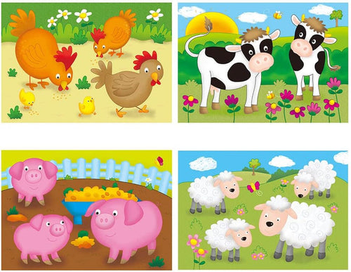 Four cartoon puzzles showing orange chickens, black and white cows, pink pigs, and fluffy white sheep in bright fields.