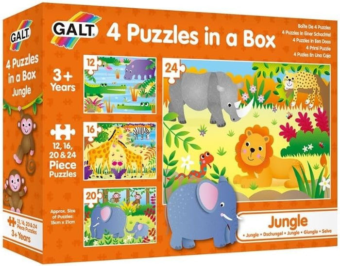 Orange box featuring four illustrated jungle puzzles with 12 to 24 pieces showing a lion, elephant, and rhino.