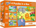 Orange box featuring four illustrated jungle puzzles with 12 to 24 pieces showing a lion, elephant, and rhino.