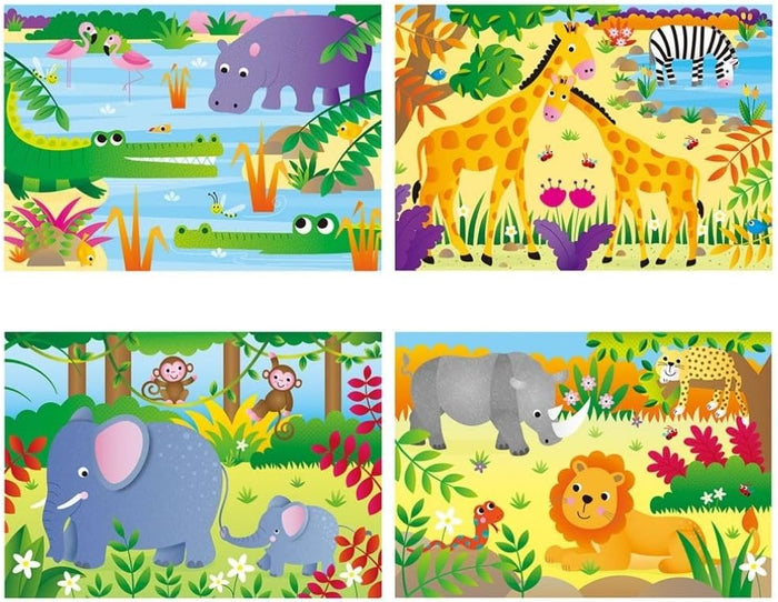 Four colorful cartoon jungle puzzles featuring elephants, lions, giraffes, hippos, and crocodiles in vibrant habitats.