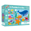 Teal box for 4 ocean-themed puzzles featuring a large blue whale, orange turtle, starfish, and pink octopus.