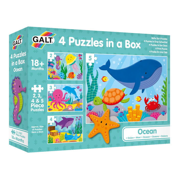 Teal box for 4 ocean-themed puzzles featuring a large blue whale, orange turtle, starfish, and pink octopus.