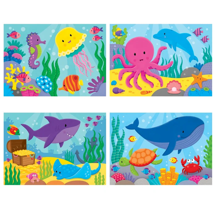 Four bright cartoon ocean puzzles featuring a pink octopus, blue whale, purple shark, and sea turtle.