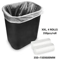 Clear trash bag roll from dealonline.co.nz, 350+150x600mm, 350pcs per roll, durable rubbish bags for waste disposal.