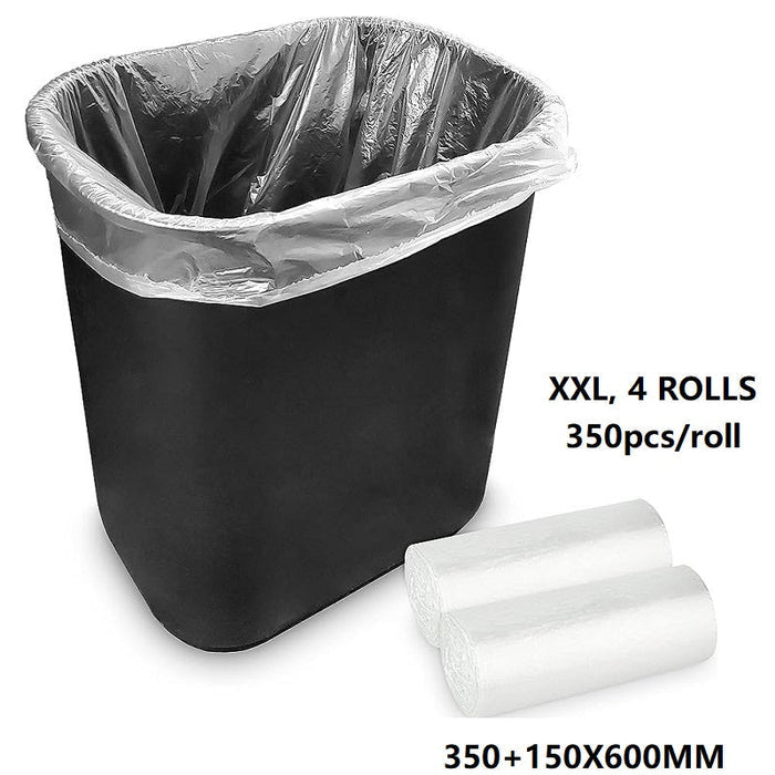 Clear trash bag roll from dealonline.co.nz, 350+150x600mm, 350pcs per roll, durable rubbish bags for waste disposal.