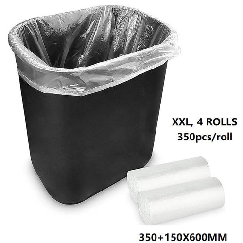 Clear trash bag roll from dealonline.co.nz, 350+150x600mm, 350pcs per roll, durable rubbish bags for waste disposal.
