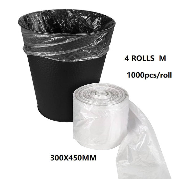 Set of four clear trash bags from dealonline.co.nz, medium size 300x450mm, 1000pcs per roll for rubbish disposal.