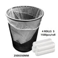 Four rolls of clear trash bags by dealonline.co.nz, 250x350mm size, 1500pcs per roll, ideal for rubbish disposal.