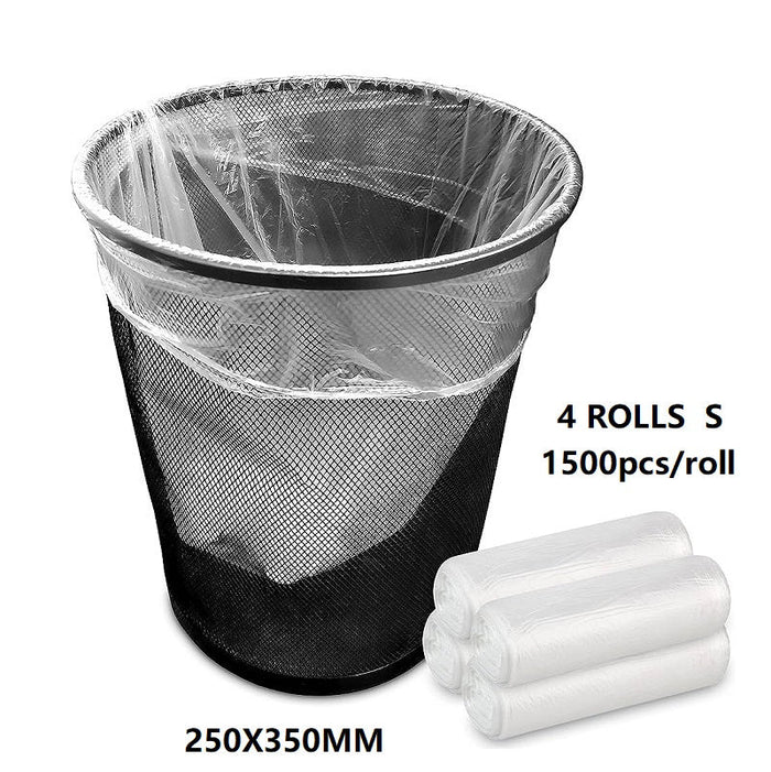 Four rolls of clear trash bags by dealonline.co.nz, 250x350mm size, 1500pcs per roll, ideal for rubbish disposal.