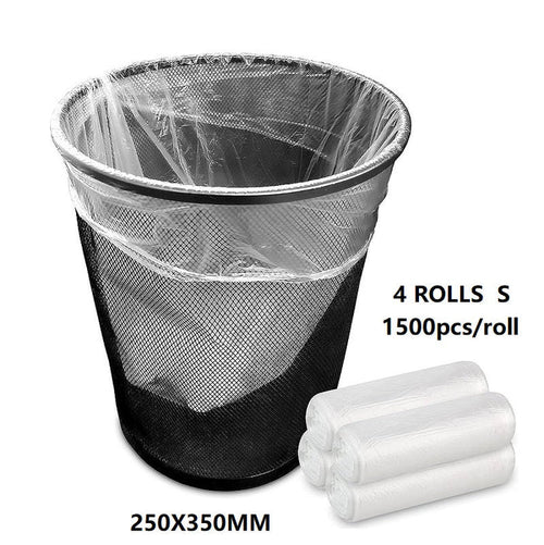 Four rolls of clear trash bags by dealonline.co.nz, 250x350mm size, 1500pcs per roll, ideal for rubbish disposal.
