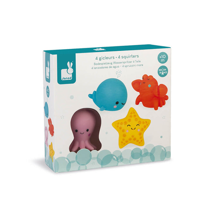 Janod box with 4 colorful sea animal bath toys: a blue whale, orange crab, pink octopus, and yellow starfish.
